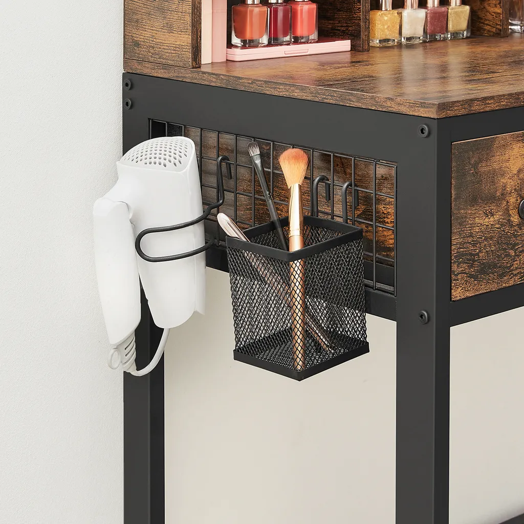 VASAGLE Schminktisch, Frisiertisch Mit 3-teiligem Klappspiegel Kosmetiktisch Mit Gepolstertem Hocker, 3 Schubladen Vintagebraun-schwarz RVT004B01 – Bild 11