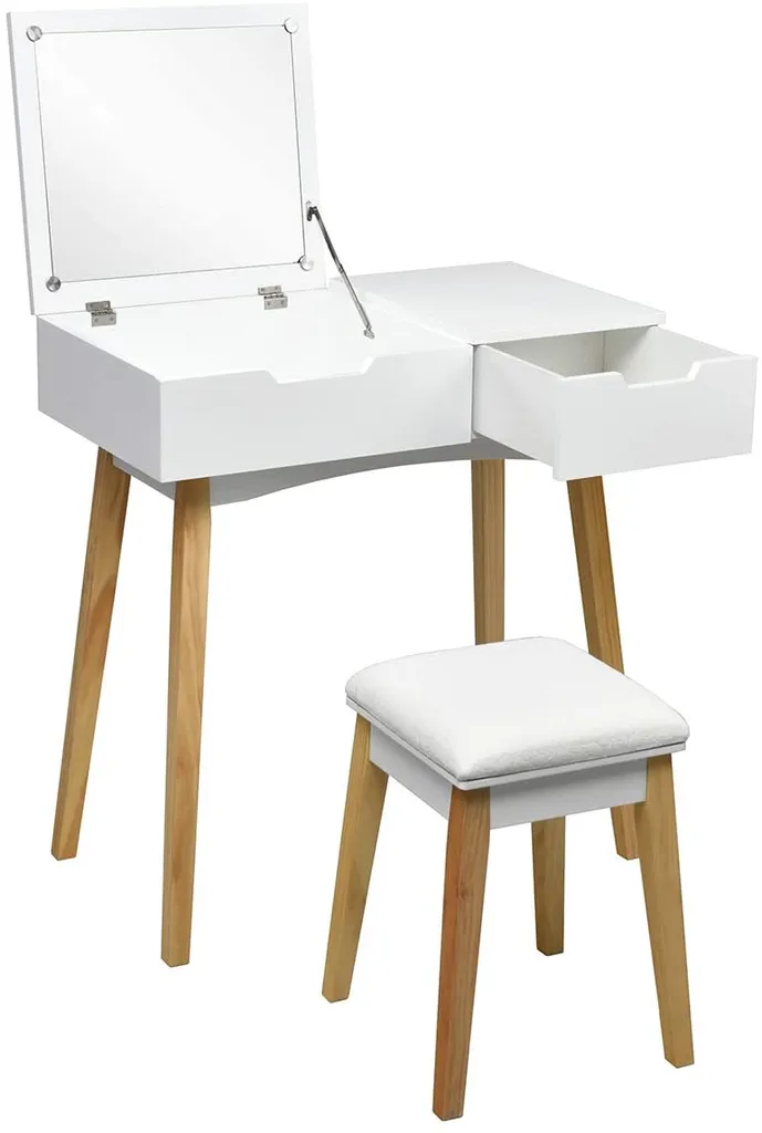 GOPLUS Schminktisch Mit Aufklappbarem Spiegel, Kosmetiktisch Mit Schublade, Inkl. Gepolstertem Hocker, Tisch-Set Mit Massivholzbeine, Für M?dchen & Damen, Wei?, 70 X 40 X 115cm – Bild 5