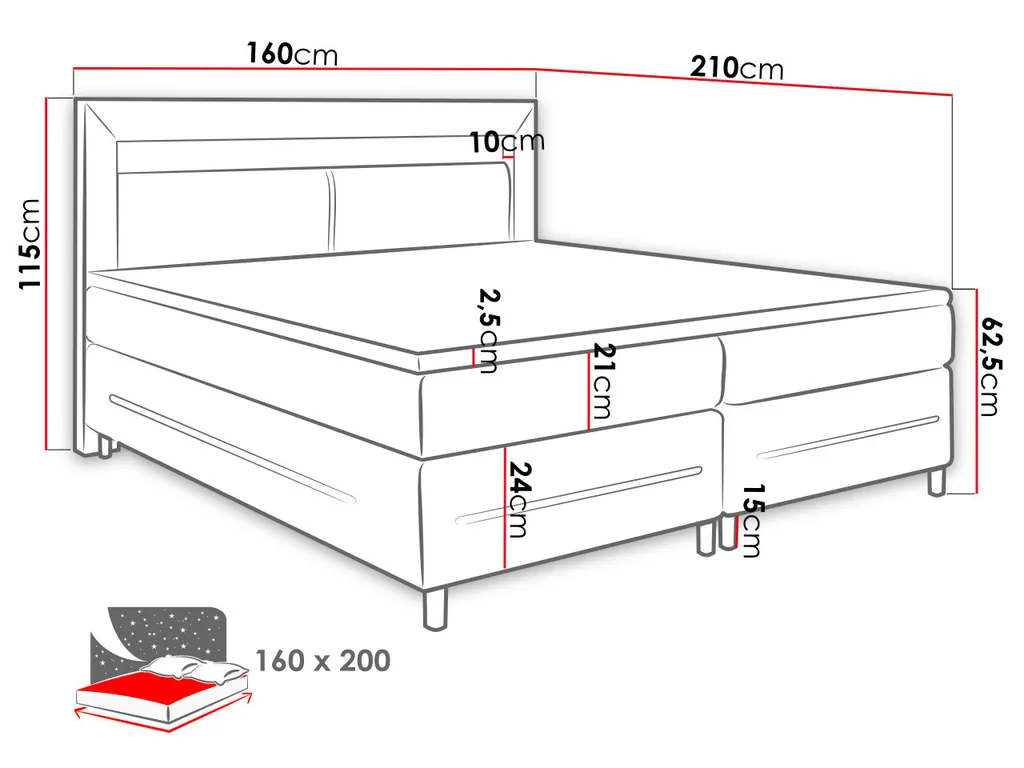 Mirjan24 Boxspringbett Milano, Polsterbett Mit Matratze, Stilvoll Doppelbett, LED-Beleuchtung (Farbe: Soft KM 100 Größe: 160x200 Cm) – Bild 6