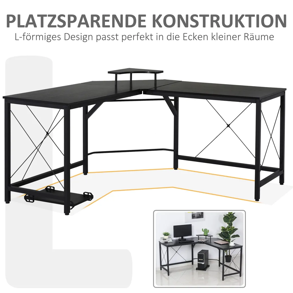 HOMCOM Computertisch, L-förmiger Eckschreibtisch, Schreibtisch, Bürotisch, MDF+Metall, Schwarz, 150 X 150 X 76 Cm – Bild 5