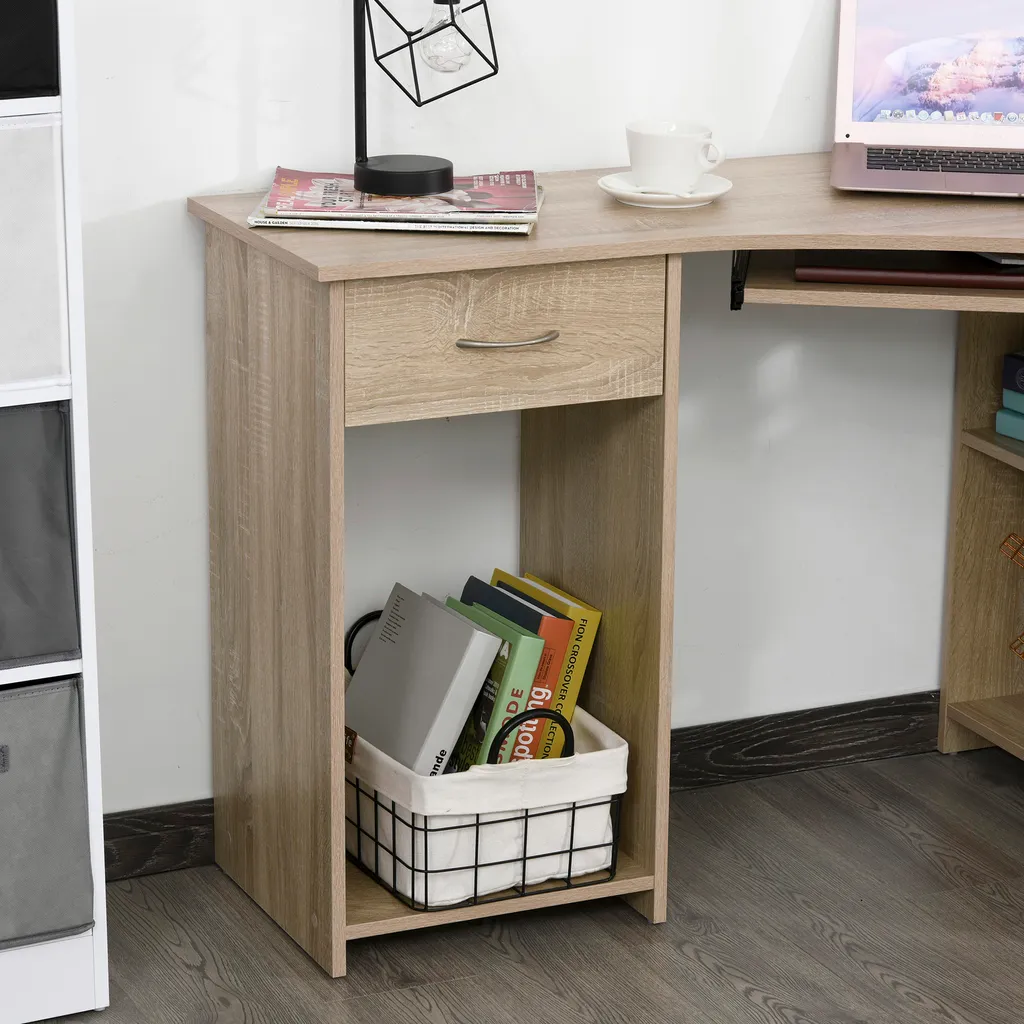 HOMCOM Eckschreibtisch Mit 2 Ablageflächen L-förmiger Schreibtisch Computertisch Mit Tastaturablage Schublade CPU-Ständer E1-Spanplatte Naturholz 120 X 70 X 75 Cm – Bild 6