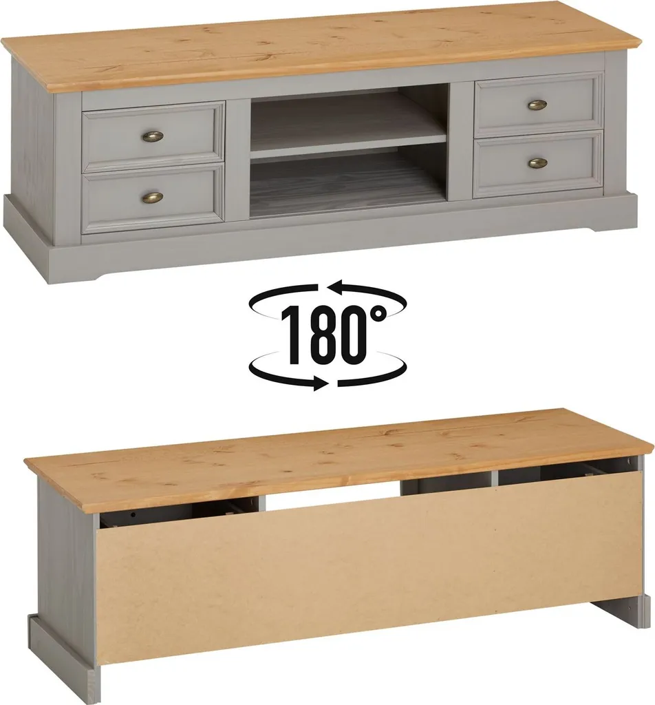 TV-Lowboard KENT, Schöner Fernsehschrank Aus Kiefer Massiv In Grau/braun, Praktisches Hifi-Möbel Mit 4 Schubladen, Attraktives Sideboard Mit Zwei Nischen – Bild 6