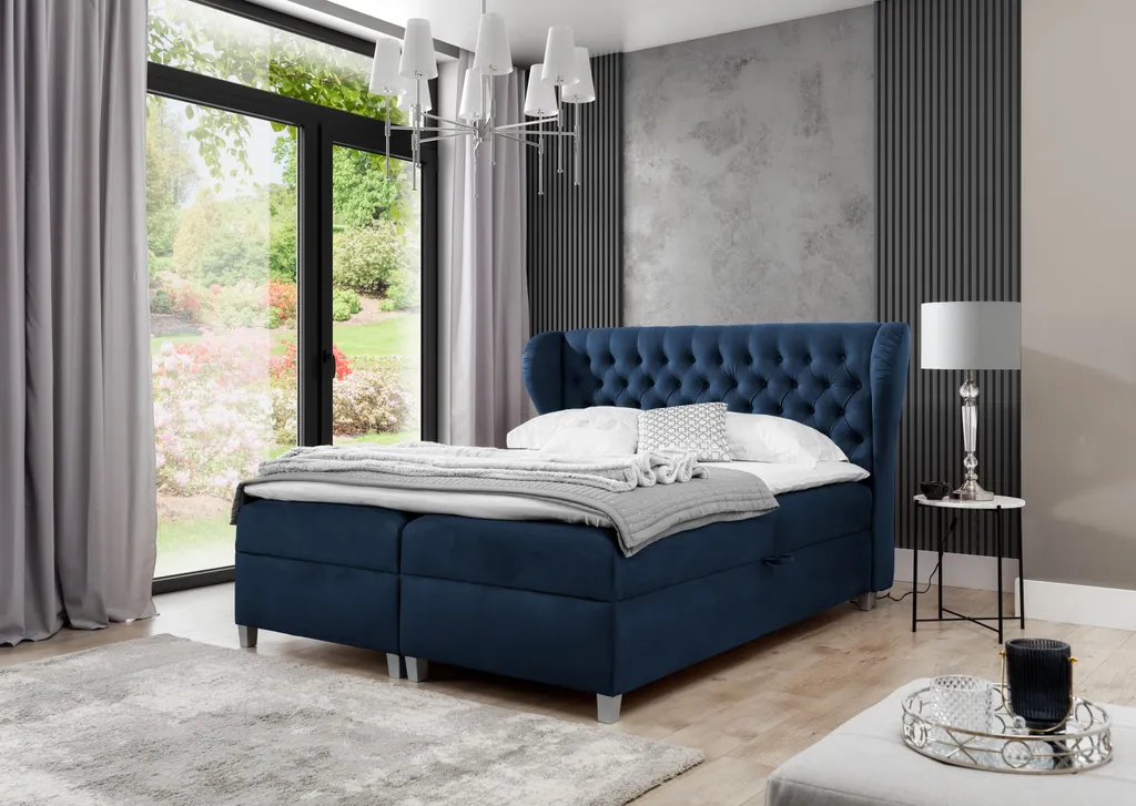 GRAINGOLD Doppelbett 180x200 Janke - Boxspringbett Mit Zwei Großen Bettkästen, Hauptmatratze Von Hochelastischer Schaum - Schlafzimmerbett - Dunkelblau (One Moment 78) – Bild 2