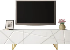 Mirjan24 TV-Lowboard RTV 180 Radom 01, Fernsehschrank Mit Gold Metallfüße 16 Cm, Stehend RTV, Wohnzimmer TV-Shrank (Farbe: Weiß / Weiß Hochglanz)