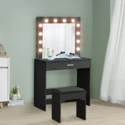 Yoleo Schminktisch Mit Spiegel, LED-Beleuchtung Und Hocker, Frisiertisch Mit Großer Schublade, Kosmetiktisch 140x40x80cm, Schwarz