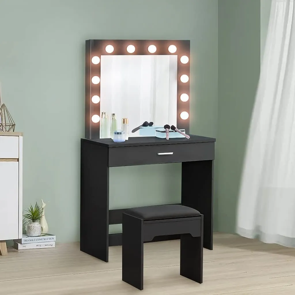 Yoleo Schminktisch Mit Spiegel, LED-Beleuchtung Und Hocker, Frisiertisch Mit Großer Schublade, Kosmetiktisch 140x40x80cm, Schwarz