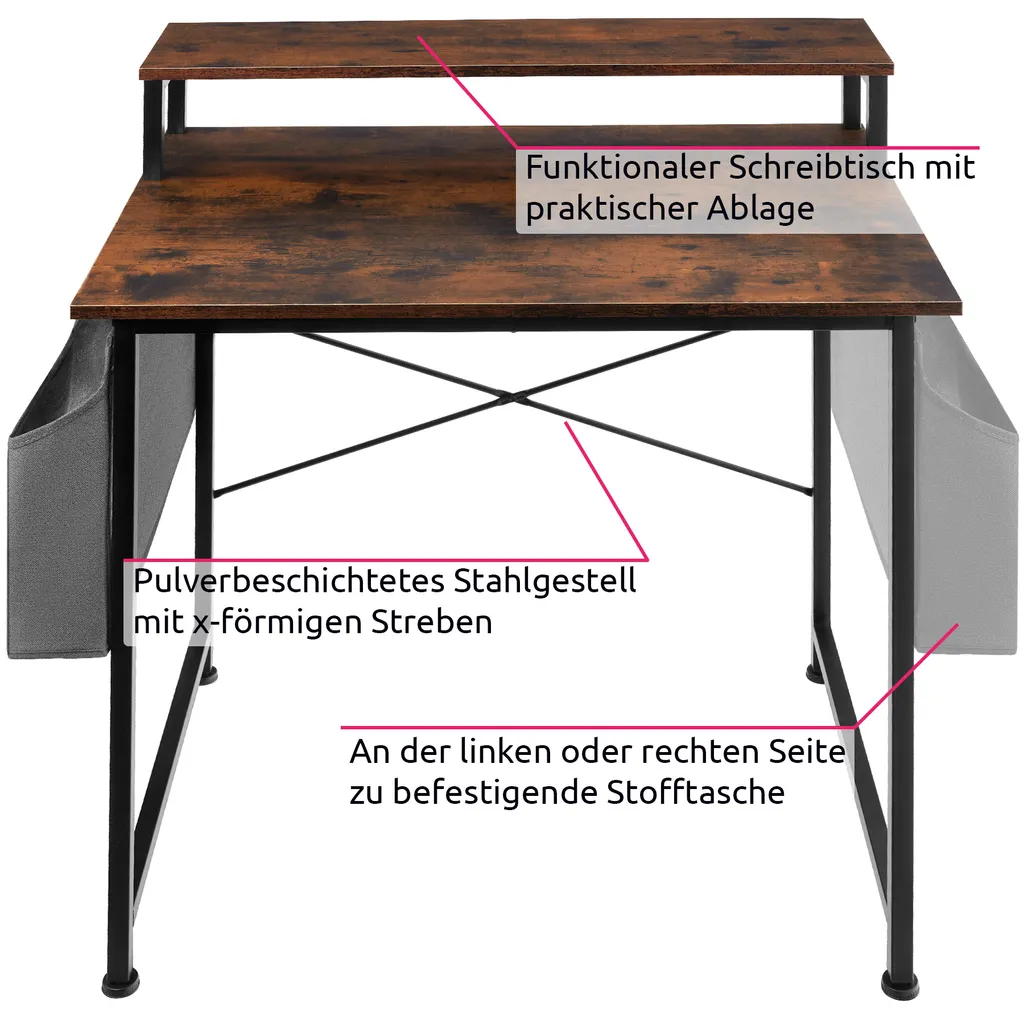 Tectake Schreibtisch Mit Ablage Und Stofftasche - Industrial Dunkelbraun, 80 Cm – Bild 5