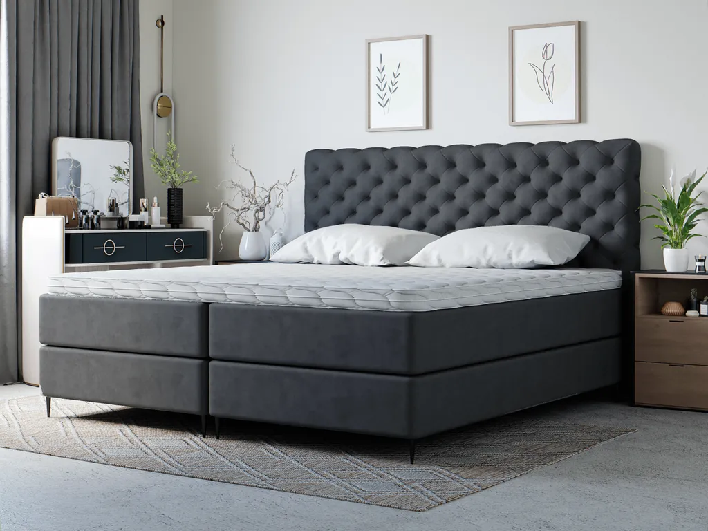 Kontinentalbett 200x200 Bergamo - Bett Mit Zwei Matratzen & Bettkästen & Boxspringbett Mit Chesterfield Kopfstütze - Schwarz (Monolith 95)