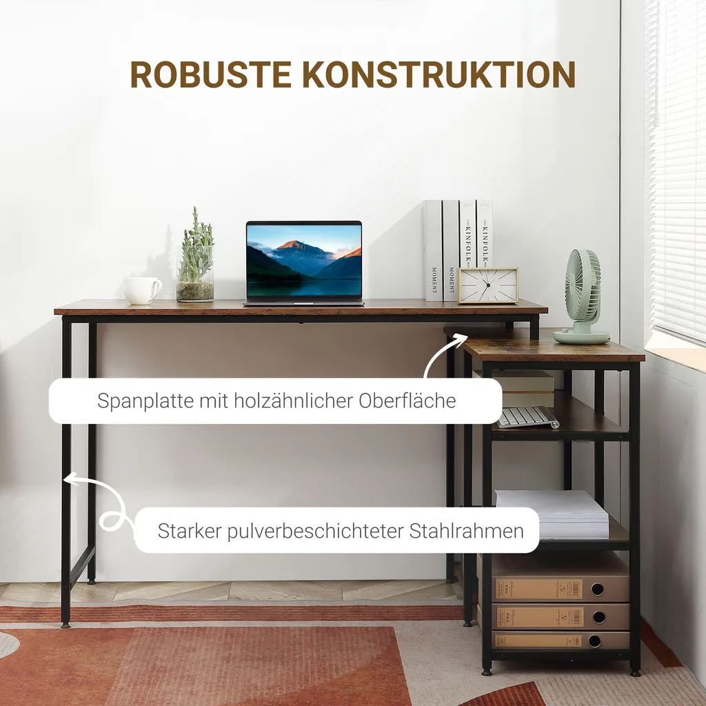 HOMCOM Eckschreibtisch Winkelschreibtisch PC-Tisch Computertisch Bürotisch Regal Schublade L-Form Spanplatte Metall Rustikales Braun 135 X 90 X 79 Cm – Bild 6