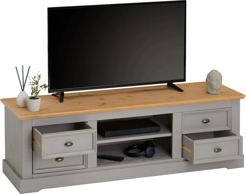 TV-Lowboard KENT, Schöner Fernsehschrank Aus Kiefer Massiv In Grau/braun, Praktisches Hifi-Möbel Mit 4 Schubladen, Attraktives Sideboard Mit Zwei Nischen