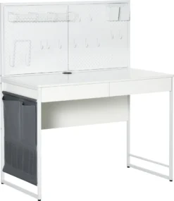 HOMCOM Computertisch Schreibtisch Mit 2 Schubladen Notizgitter Stofftasche Arbeitstisch Bürotisch Laptop Stahl Spanplatte Weiß+Grau 110 X 58,5 X 127 Cm