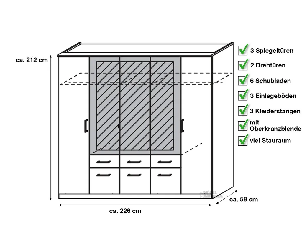 Kleiderschrank BURANO Drehtürenschrank Weiß - Grau Metallic - 226 Cm - Die Möbelfundgrube – Bild 3