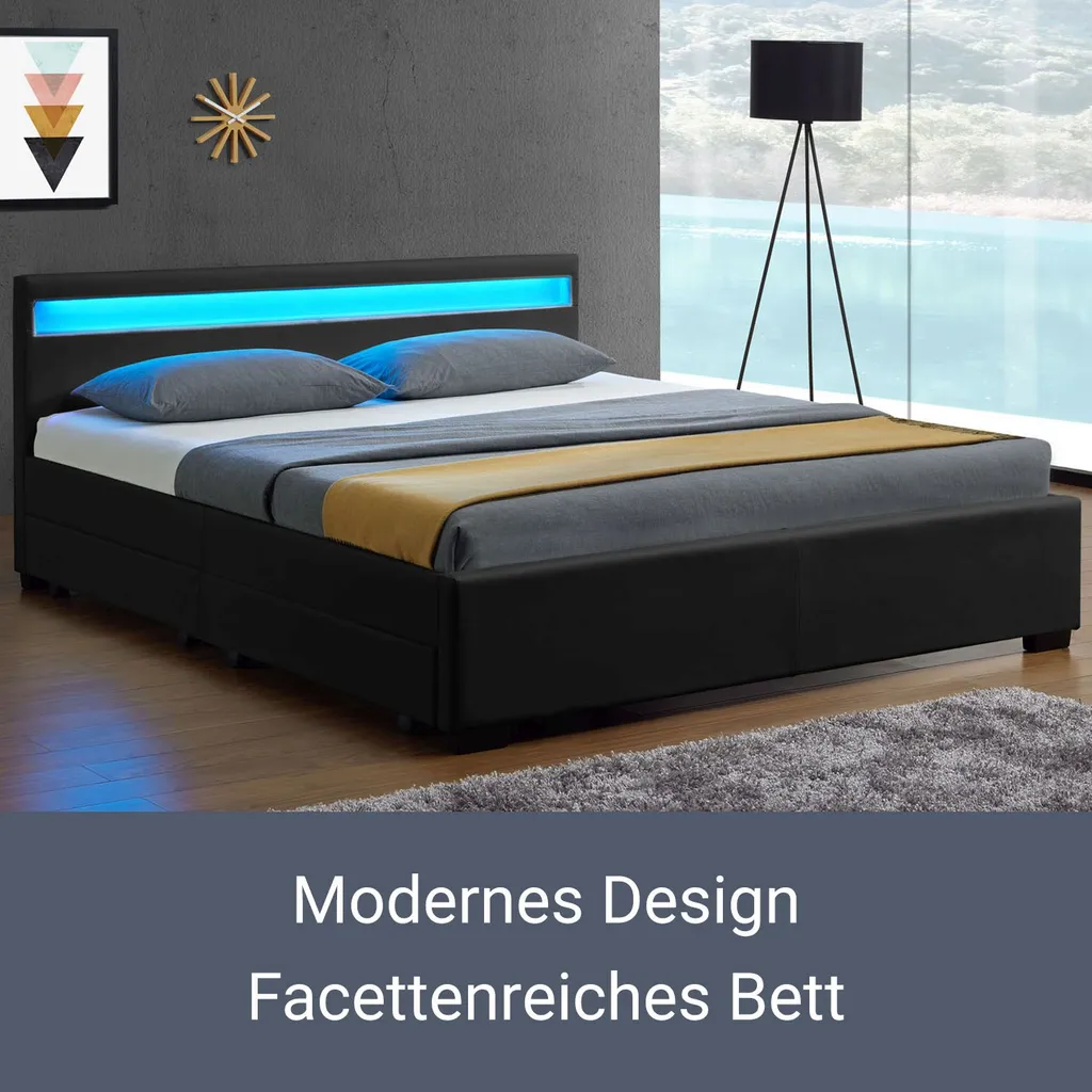Juskys Polsterbett Lyon 140 X 200 Cm Schwarz – Bettgestell Mit Lattenrost, Bettkasten & LED Beleuchtung – Kunstleder & Holz – Bett Jugendbett – Bild 8