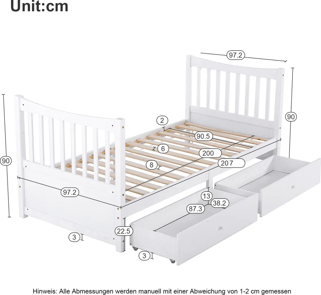 Merax Kinderbett 90x200cm Jugendbett Mit Schubladen, Kopfteil Und Fußteil, Einzelbett Kiefer Bettrahmen Massiv Gästebett, Weiß – Bild 3