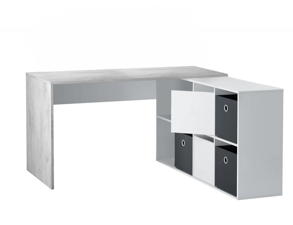 Vallejo Schreibtisch, Umkehrbarer Schreibtisch Mit Mehreren Positionen, Studiertisch Oder Büro-PC-Halterung Mit Regal, Cm 136x139h74, Weiß Und Zement – Bild 2