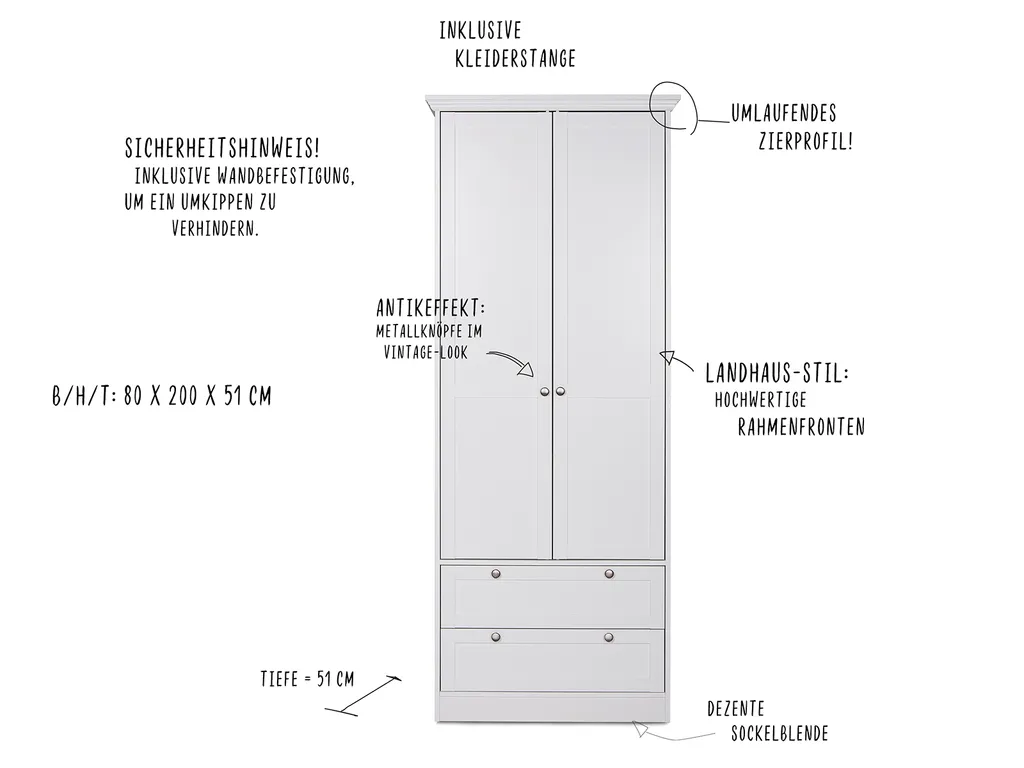 Kleiderschrank Mehrzweckschrank Schlafzimmerschrank Schrank Weiß "Landsted I" – Bild 6