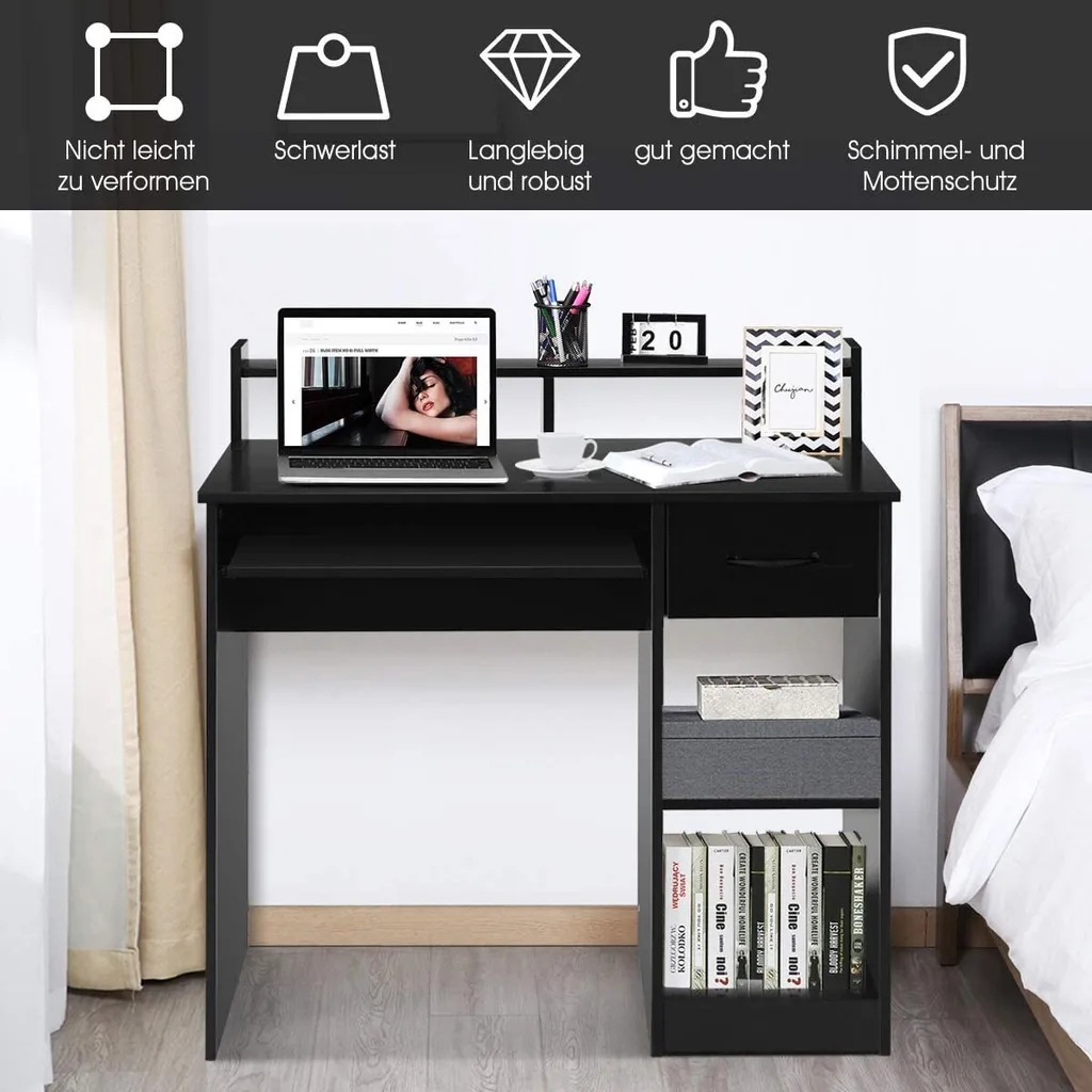COSTWAY Computertisch Mit Ablage, Schreibtisch PC-Tisch Bürotisch Arbeitstisch 90x48x91,5cm – Bild 3