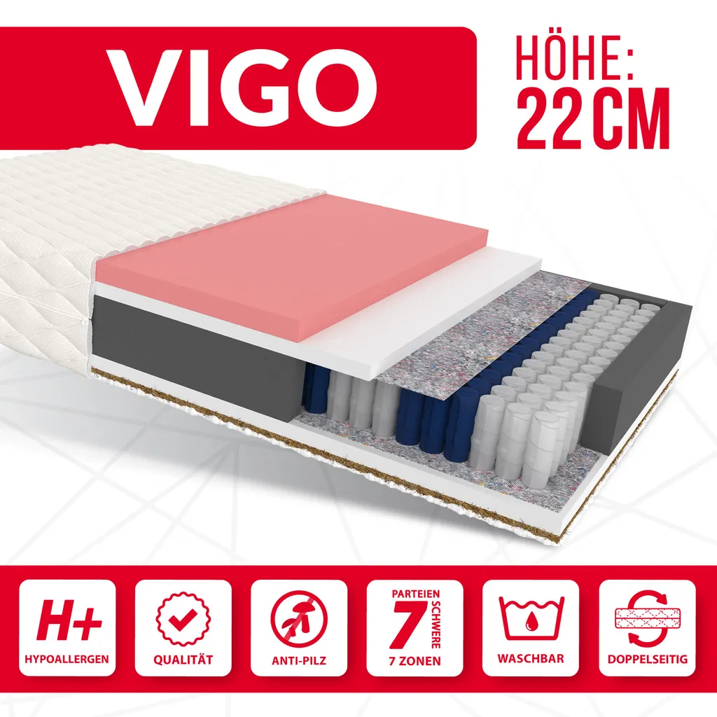 Matratze 180x200 Cm VIGO 7 Zonen H3 H4 Taschenfederkern Visco Memory Schaum Kokos Höhe Ca. 22 Cm Mit Waschbarem Bezug Premium Jersey