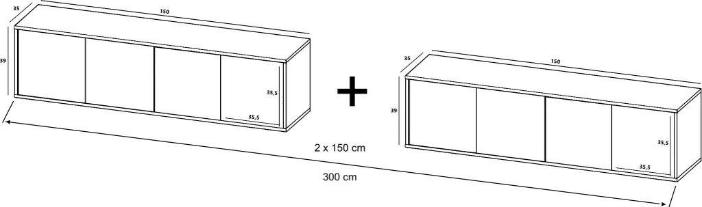 2 Stk Hängende RTV TV-Schrank - 2 X Apollo 2 - MAT 300 - TV Hängeschränke - Hängend - Modern - Lindner Möbel - 300cm X 39cm X 35cm, Farbe: Wotan Eiche Matt - Graphit Matt – Bild 5