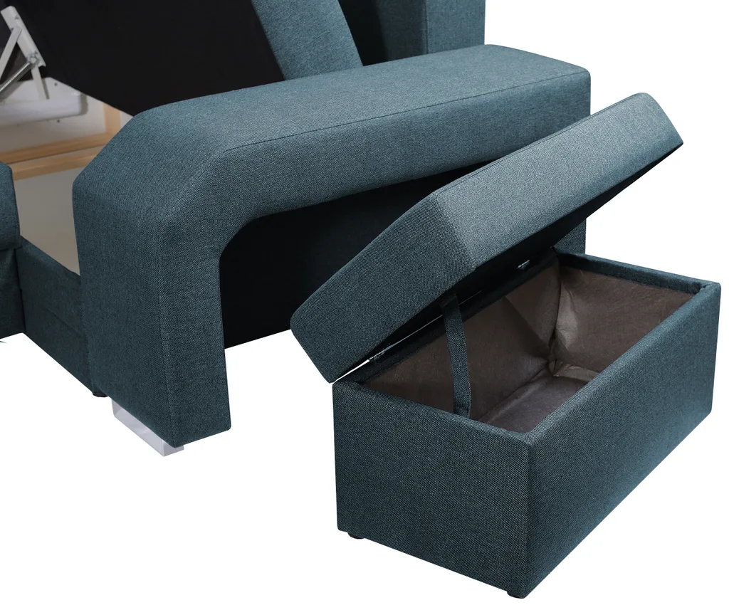 Ecksofa Mit Hocker Und Minibar - U-form Sofa Mit Schlaffunktion - Blau - Wohnlandschaft - Ausklappbar Bettsofa - Wohnzimmer U Couch - Polstersofa Mit Bettkasten ALVARES_U – Bild 5