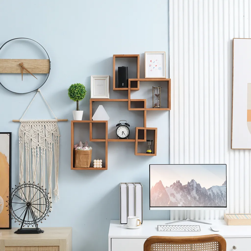 HOMCOM Wandregal Wandboard Schweberegal Mit 5 Ineinandergreifenden Würfel, 9 Fächer Deko Für Schlafzimmer Wohnzimmer Tannenholz Natur 71 X 10,2 X 80,5 Cm – Bild 2