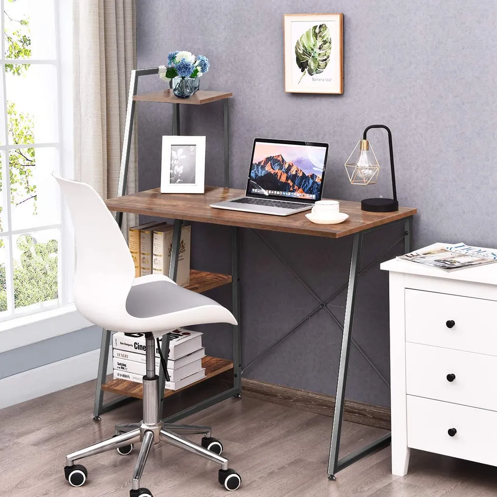 COSTWAY Computertisch Mit 4 Regaln, Schreibtisch 98x50x118cm, Bürotisch PC Tisch Arbeitstisch Fürs Büro, Arbeits- & Wohnzimmer, Braun – Bild 2