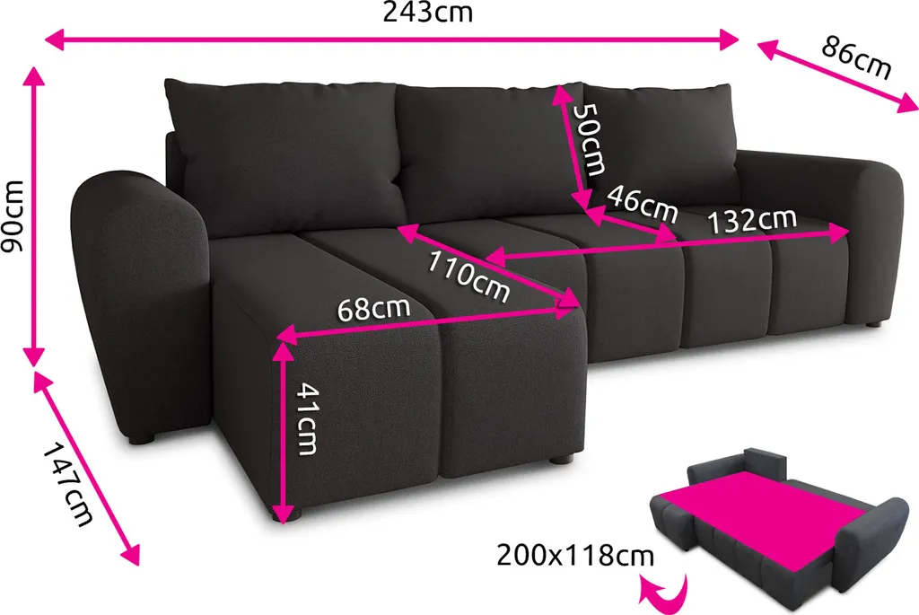 Ecksofa Cleo L Mit Schlaffunktion - Sofa Mit Bettkasten, Polsterecke, Couchgarnitur, Eckcouch, L-Form Couch, Sofagarnitur - Ottomane Universal (Schwarz (Soro 100)) – Bild 4