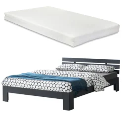 [en.casa] Holzbett 140 X 200 Cm Mit Matratze Bettgestell Kiefernholz Dunkelgrau Mit Lattenrost Bettrahmen Mit Kaltschaummatratze