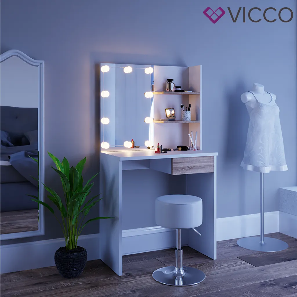 VICCO LED Schminktisch DEKOS Frisiertisch Kommode Kosmetik Weiß Eiche Hocker – Bild 4