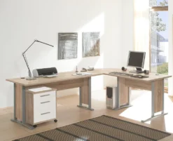 Winkelkombination 3-tlg. Office Line Mit Rollcontainer In Eiche Sonoma / Weiß