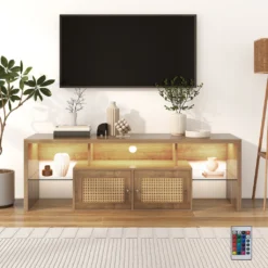 Merax TV-Lowboard Hochglanz TV Schrank Mit LED-Beleuchtung Inkl. Fernbedienung, Rattan TV-Schrank Mit Glasablage Und Rattan Einsatz, TV-Board Aus Holz, B/H/T:150/38/39cm, Holzfarbe