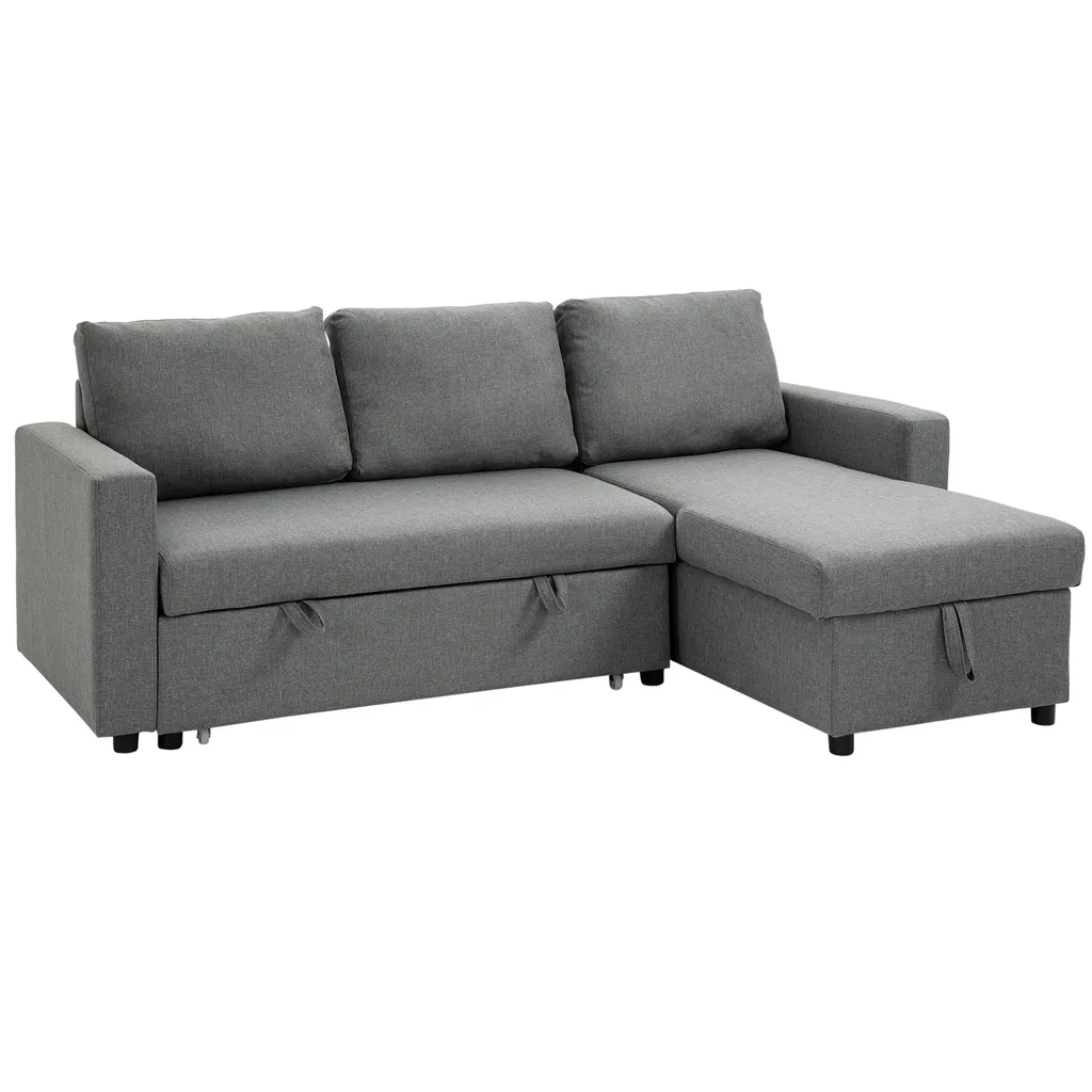 HOMCOM Ecksofa Mit Schlaffunktion Stauraum Eckcouch Mit Bettkasten Chaiselongue Schlafsofa Stoffsofa L-Form Leinen-Touch Hellgrau 211,5 X 146 X 85 Cm