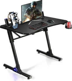 COSTWAY Gamingtisch Höhenverstellbar, Gaming Tisch Mit Blauer LED-Beleuchtung Tassenhalter, Z-förmiger Computertisch Schreibtisch Mit Kohlefaser-Textur, Schwarz