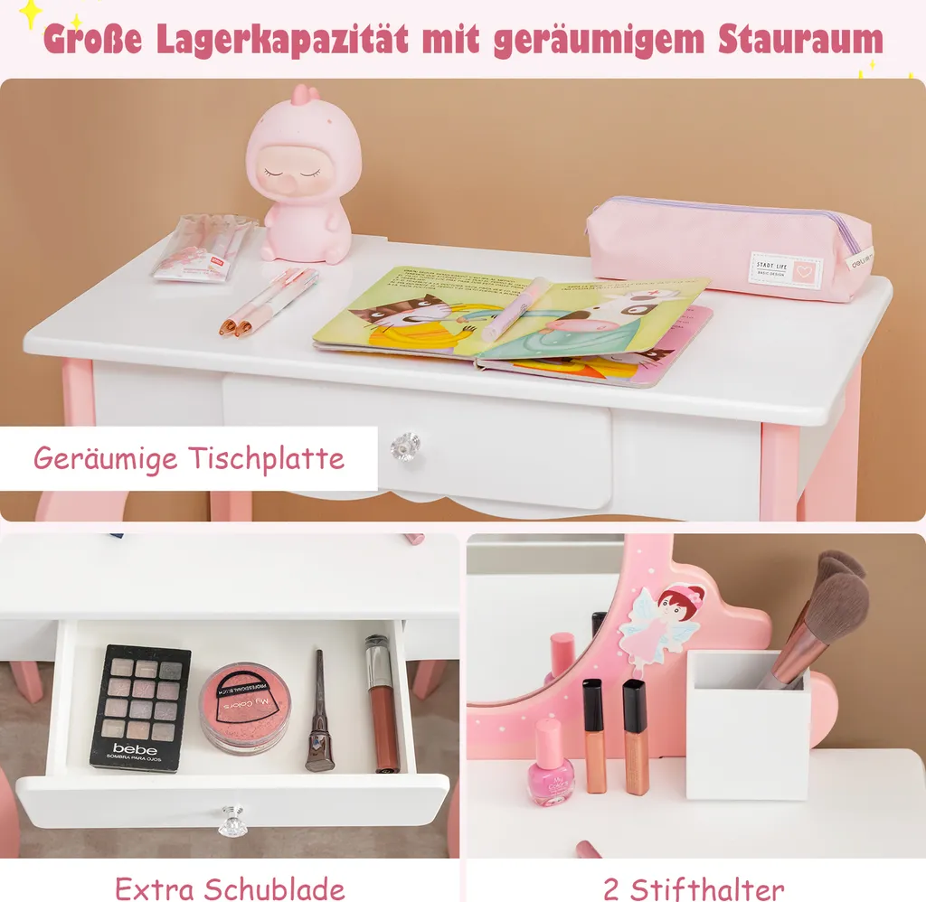 COSTWAY Kinder-Schminktisch Mit Hocker, 2-in-1-Kinder-Schminktisch-Set Aus Holz Mit Spiegel, Schublade & Stifthalter, Make-Up-Tisch Für Kinder Im Alter Von 3-7 Jahren (Weiß) – Bild 4