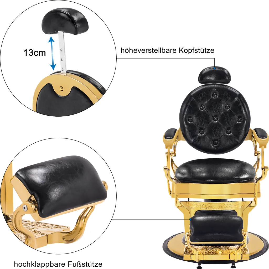Barberpub Friseurstuhl Hydraulische Friseursessel 2933 GD, Mit Retro/ Vintage Stil, 360° Drehbar, Kunstleder, Goldrahmen , 109 × 68 × 113 Cm (Schwarz-Gold) – Bild 5
