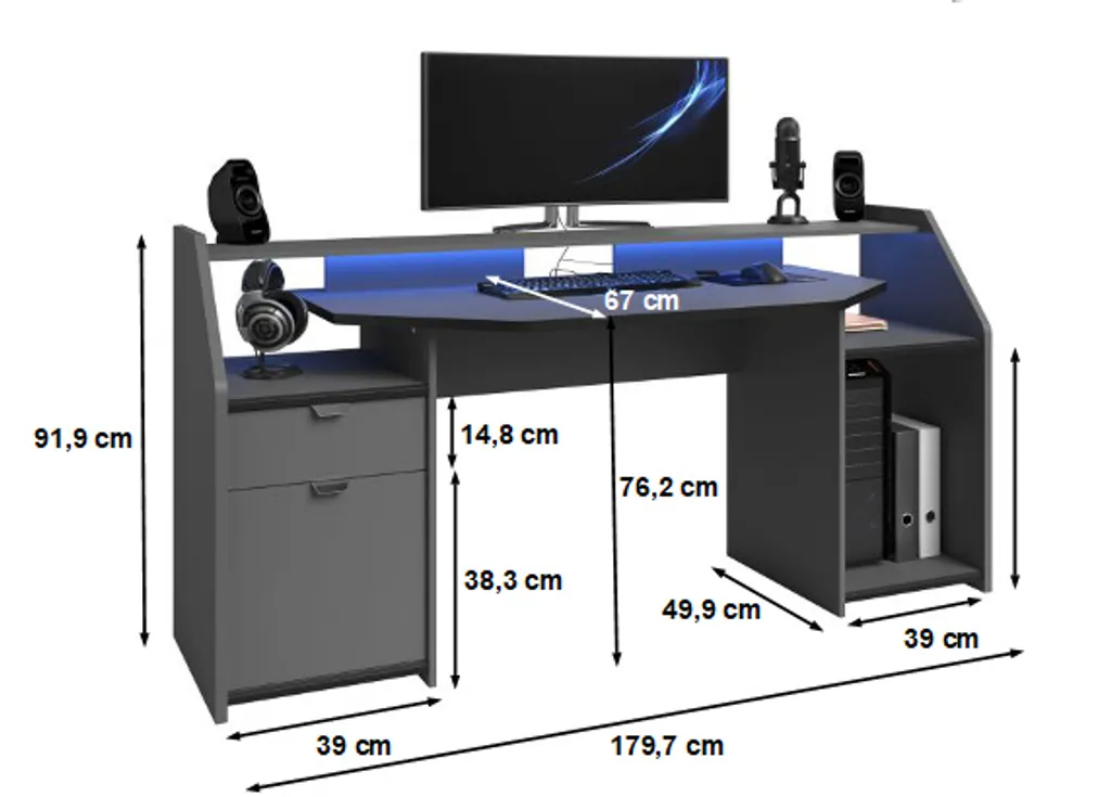 Gamer Tisch Grau / Schwarz B 180 Cm Schreibtisch LED Beleuchtung / Farbwechsel Inklusive Fernbedienung Jugend Kinderzimmer Büro PC Computer – Bild 4