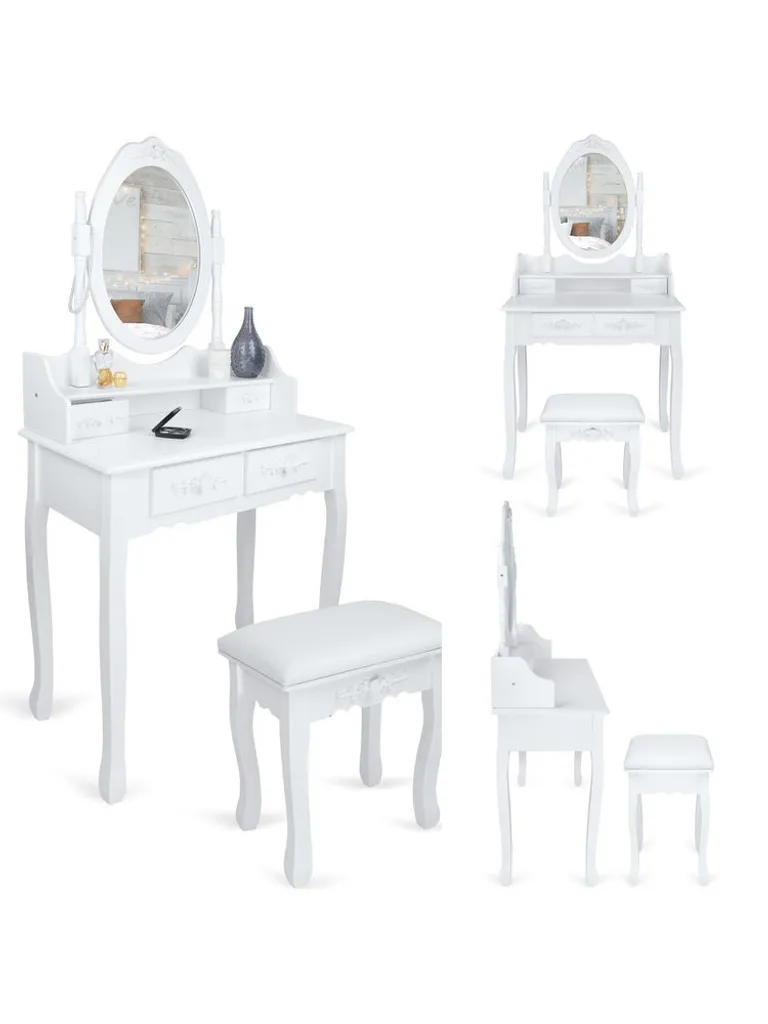 Italform Schminktisch Mit Hocker Und Drehbaren Spiegel Weiß 4 Schubladen 75 X 147 X 40cm