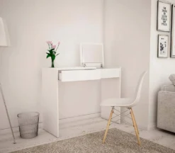 MATKAM Opera Schminktisch H 78 X B 96 X T 40 Cm, Mit Ausklappbarem Spiegel H 21 X B 34 Cm Mit Gasdruckfeder Metallscharniere (Weiß)