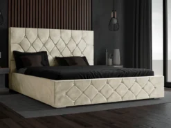 GRAINGOLD Glamour Polsterbett 160x200 Cm Rossa - Velour Stoff, Lattenrost, Bettkasten - Doppelbett Mit Kristallen - Beige (Magic Velvet 2201)