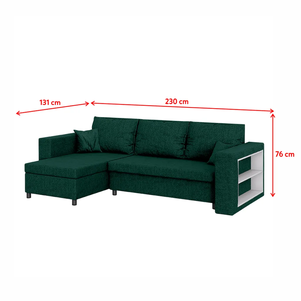 Selsey Ecksofa MERIEN - Schlafcouch Mit Wasserabweisendem Veloursbezug In Dunkelgrün, Bettkasten Und Integriertem Regal, 230 Cm Breit – Bild 3