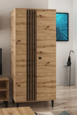 Kleiderschrank Laura Garderobe Schrank Mehrzweckschrank Hochschrank Schlafzimmer 2 Türen ( Eiche Artisan Und Schwarz )