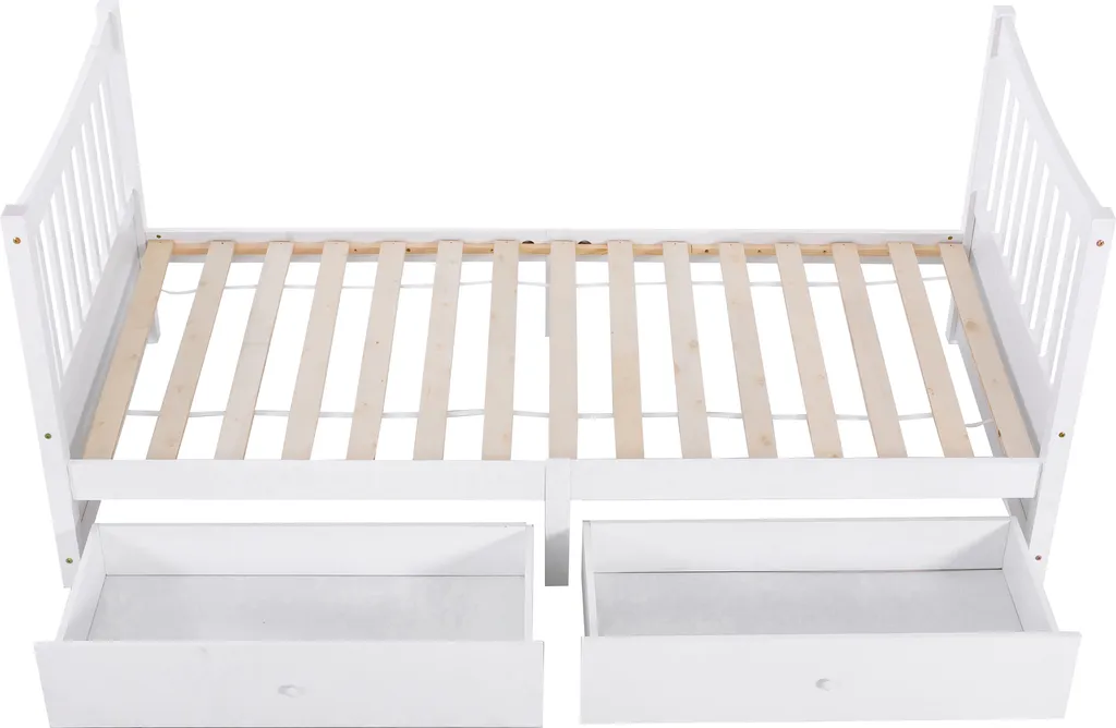 Merax Kinderbett 90x200cm Jugendbett Mit Schubladen, Kopfteil Und Fußteil, Einzelbett Kiefer Bettrahmen Massiv Gästebett, Weiß – Bild 5