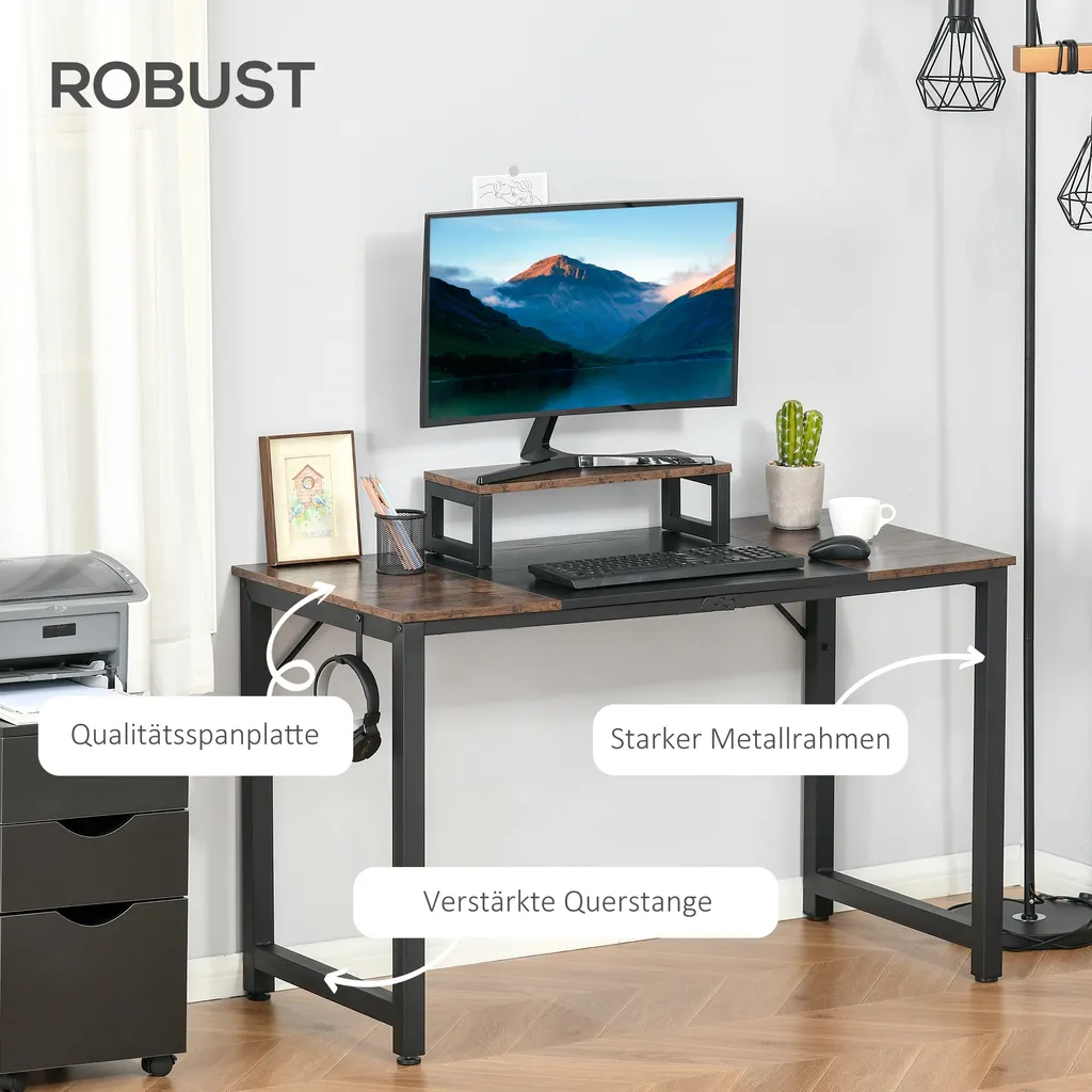 HOMCOM Computertisch Schreibtisch PC Tisch Bürotisch Industriestil Spanplatte Metall Rustikales Braun+Schwarz 120 X 60 X 73,5 Cm – Bild 6