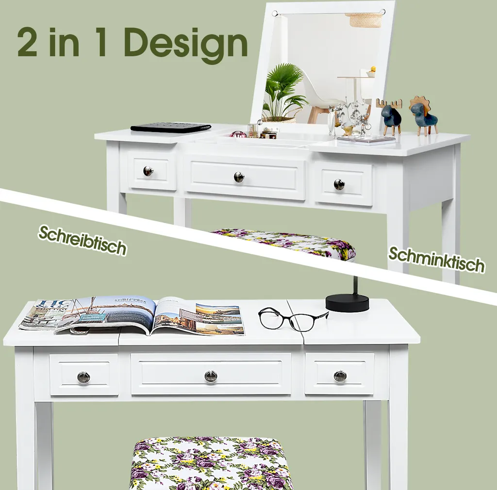 COSTWAY Schminktisch Frisiertisch Set Mit Klappspiegel Und 3 Schubladen, Frisierkommode Kosmetiktisch Mit Gepolstertem Hocker, Waschtisc Make Up Tisch, Weiß – Bild 2