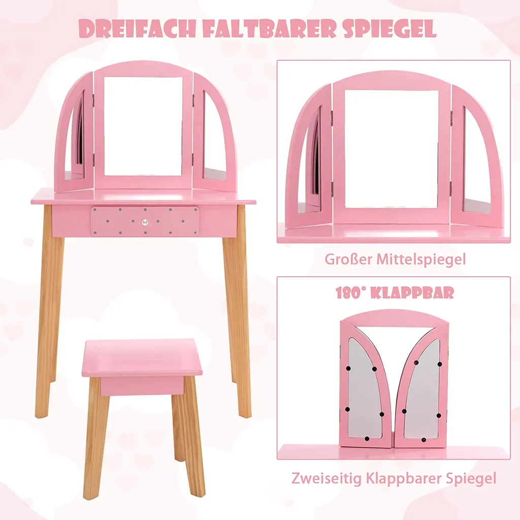 COSTWAY 2-in-1-Schminktischset Für Kinder, Kinderschminktisch Mit Hocker Aus Holz Für Kinder Mit Dreifach Klappbarem Spiegel & Schublade, Make-up Tischset Für Mädchen Von 3-7 Jahren (Rosa) – Bild 4
