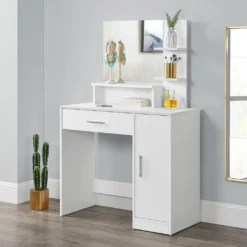 Juskys Schminktisch Zoey Weiß - Frisiertisch Mit Spiegel, Schublade, Fächer & Schrank - Kosmetiktisch Für Damen Und Mädchen