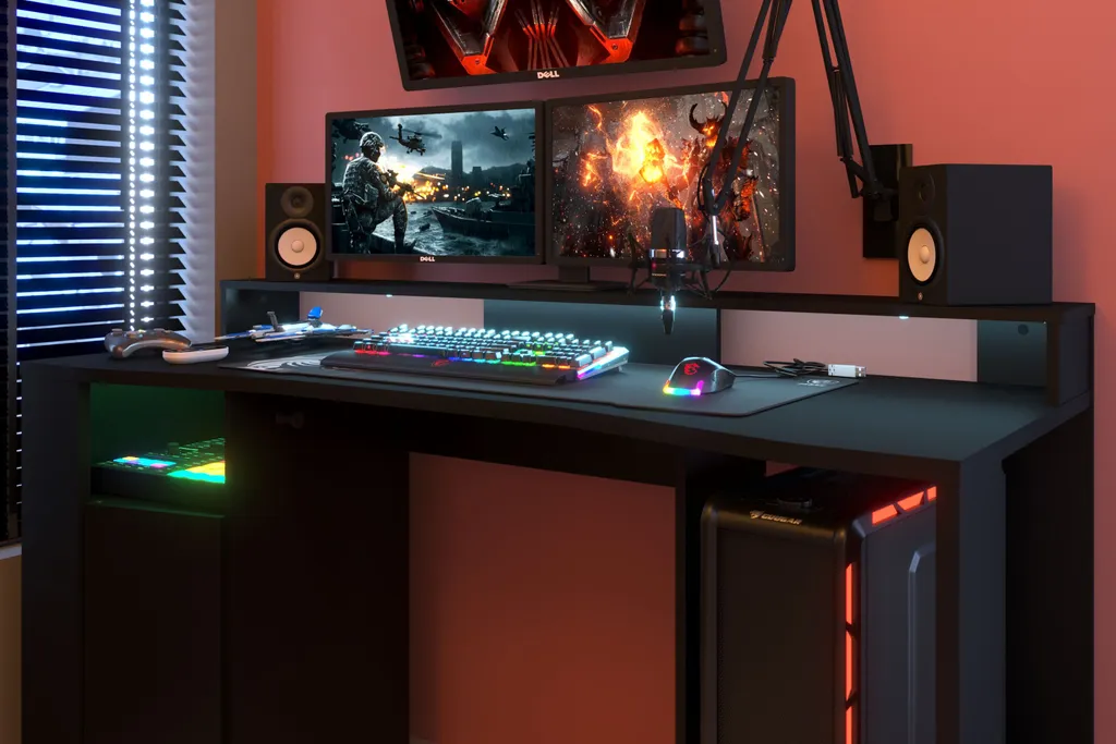 Gamer Set Gaming Parisot 3-tlg. Schreibtisch 152 X 62 Cm + 2x Regal B 67 Cm Schwarz LED Beleuchtung – Bild 5