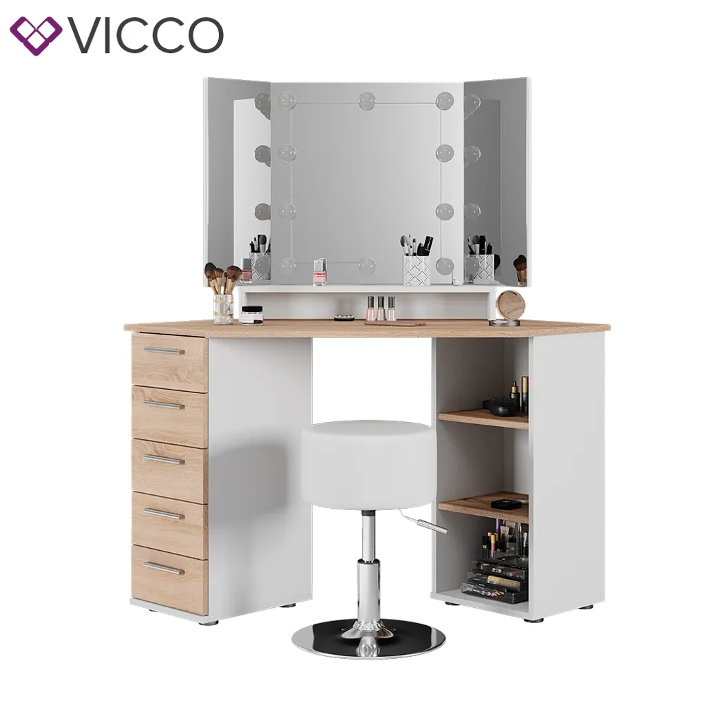 Vicco Eckschminktisch + Hocker + LED Sofia Weiß Sonoma 128,4 X 142,3 X 50,8 Cm Holzwerkstoff – Bild 7