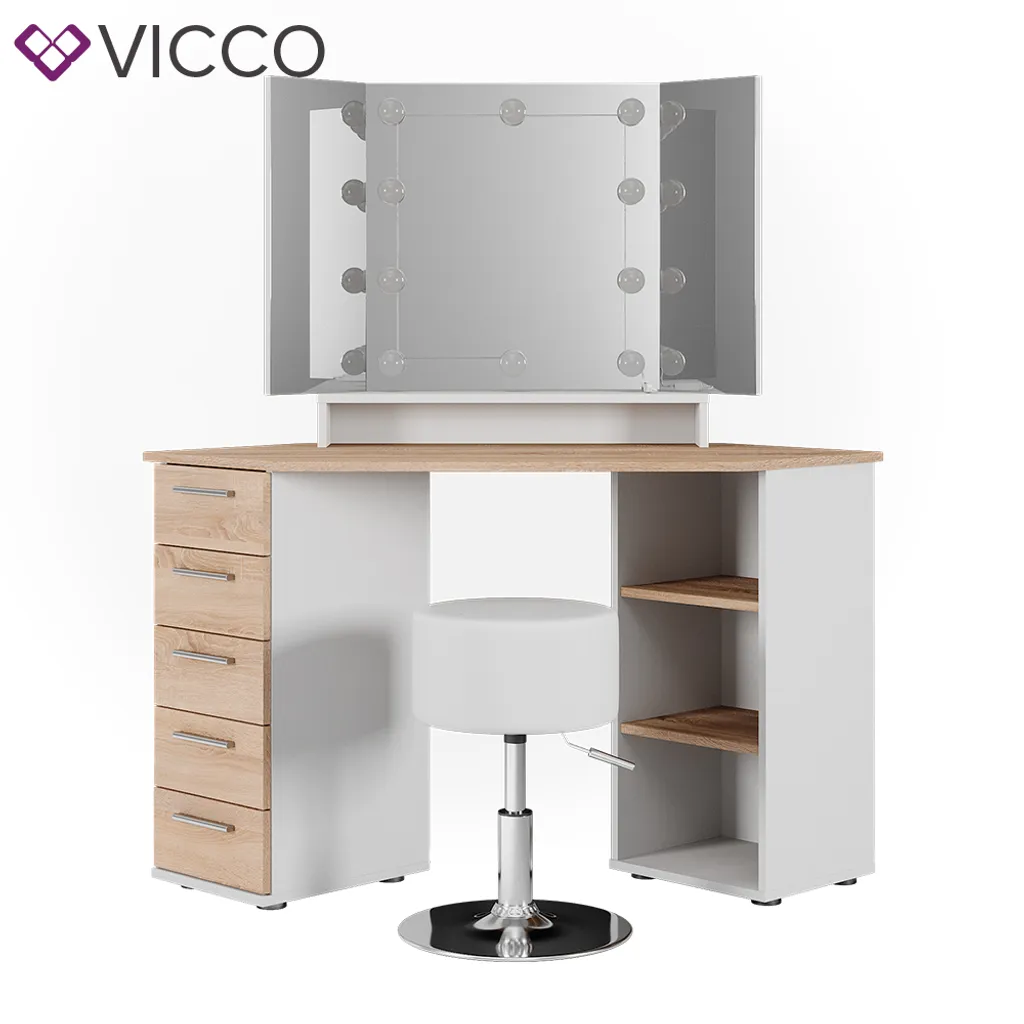 Vicco Eckschminktisch + Hocker + LED Sofia Weiß Sonoma 128,4 X 142,3 X 50,8 Cm Holzwerkstoff – Bild 2