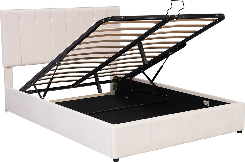 Merax Hydraulisches Boxspringbett 140x200cm Polsterbett Mit Bettkasten Und Höhenverstellbaren Polsterkopfteil, Samt Doppelbett Mit Metalllattenrost, Cremeweiß – Bild 8